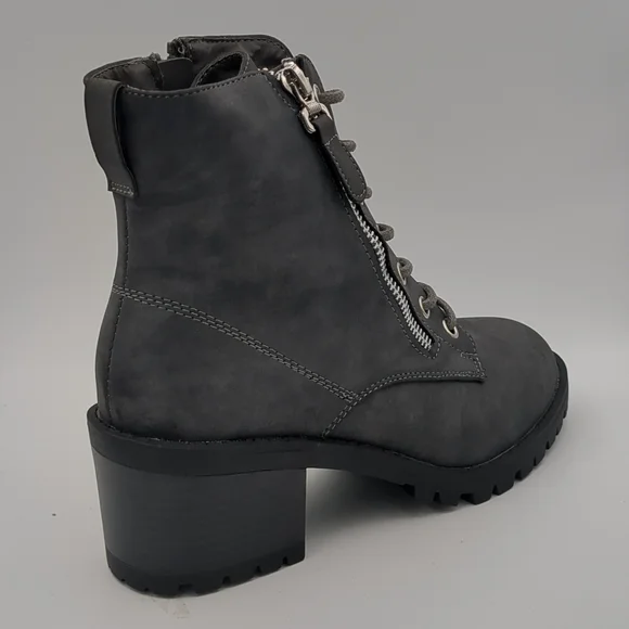 Gray Women Combat Ankle Boots Chunky Mid Heels - Picture 4 of 5